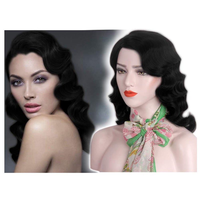 STfantasy Finger Wave Wig 1920s Retro Mid Length Long Curly Synthetic Hair for Women Cosplay Halloween Party Costume (Jet Black) - Image 5